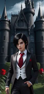 Vampire in sharp suit with castle and roses.