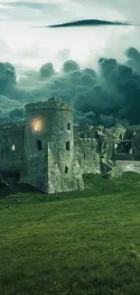 Mystical castle with dark clouds.