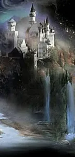 Mystical castle with waterfalls on scenic wallpaper.