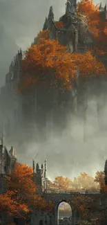 Magical castle with orange autumn leaves and misty clouds.