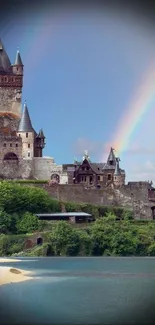 Mystical castle with rainbow in lush green landscape.