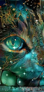 Vibrant abstract art of a mystical cat with teal and copper hues.