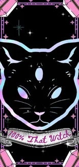 Mystical black cat with galaxy hues and witchy elements on a dark background.