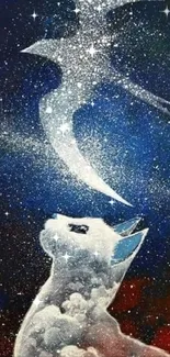 Fantastical art of a cat gazing at a bird in the starry sky.