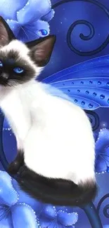 Siamese cat with blue flowers and butterfly wings on a vibrant background.