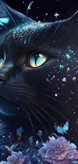 Mystical black cat with butterflies and flowers in a starry night setting.