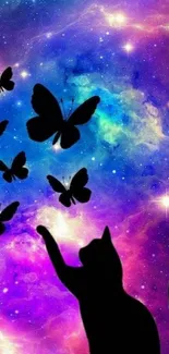 Cat and butterfly silhouette against a colorful galaxy background.