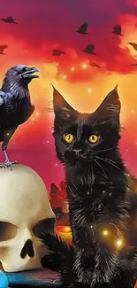 Mystical wallpaper with cat, crow, and sunset.