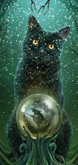 Mystical black cat with glowing crystal ball in enchanted forest scene.