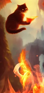 Mystical cat holds fire in fantasy wallpaper.