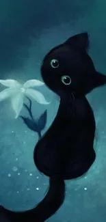 Mystical black cat with a white flower on a teal background wallpaper.