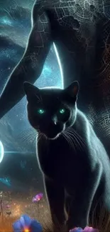 Mystical cat with glowing eyes in a cosmic galaxy setting.