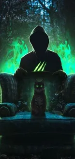 Hooded figure with glowing green flames behind a cat on a chair in the woods.