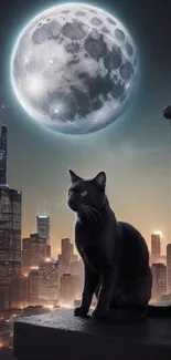 Black cat with glowing moon over city skyline wallpaper.