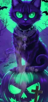 Purple mystical cat with glowing eyes on a pumpkin under a bright full moon.