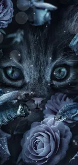 Mystical cat with roses and fish in dark artistic design.