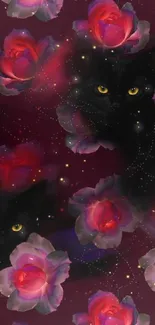 Mystical cat and roses on maroon background.