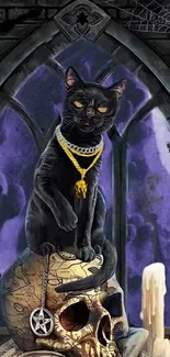 Black cat on skull with gothic backdrop and candle.