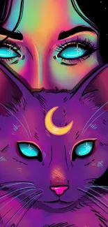 Mystical cat with neon eyes and cosmic background on wallpaper.