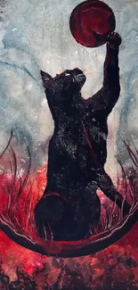 Mystical black cat reaching for a red moon in an artistic design.