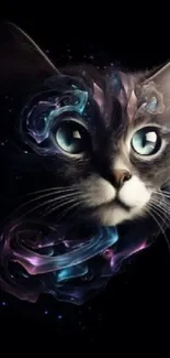 Mystical cat face with cosmic swirls on a black background.