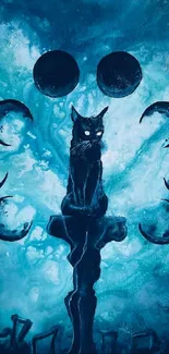 Mystical black cat with lunar phases on teal background.