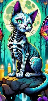 Skeleton cat with butterfly wings in a teal forest.