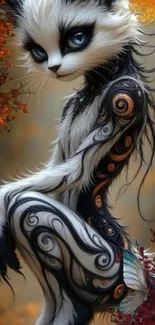 Mystical cat with intricate designs in fantasy setting.