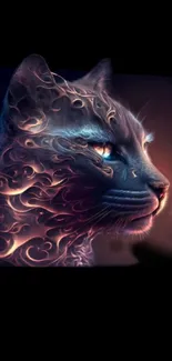 Mystical cat with fiery swirls in a captivating art style on a mobile wallpaper.