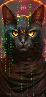 Mystical cat with golden eyes in digital art wallpaper.