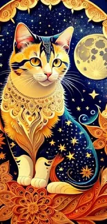 Illustrated mystical cat with celestial motifs and vibrant colors as a mobile wallpaper.