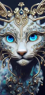 Fantasy cat with golden designs and blue eyes, mystical art wallpaper.