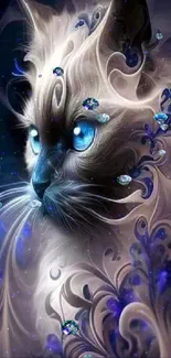 Mystical cat with artistic swirls of blue and white on a wallpaper background.