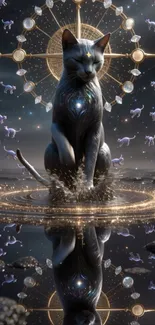 Mystical cat with cosmic reflection and celestial background.