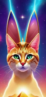 Mystical cat with cosmic background in vibrant colors and Egyptian motif.