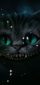 Grinning mystical cat with green eyes on a dark background.