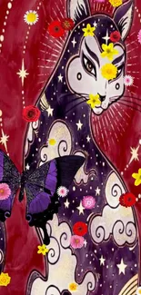 Mystical cat with stars, flowers, and butterfly on red background.