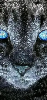 Mystical cat with blue eyes in digital art design on dark background.