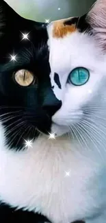 Dual-colored cat with sparkling accents.