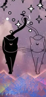 Mystical cats walking in a starry sky with a pink and lavender background.