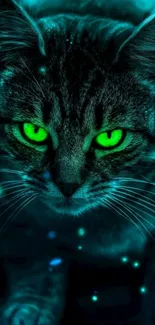 Mobile wallpaper of a cat with glowing green eyes on a dark background.