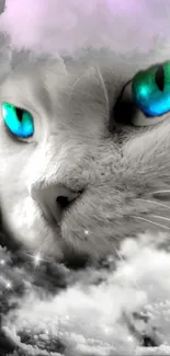 Mystical white cat with vibrant eyes surrounded by dreamy clouds.