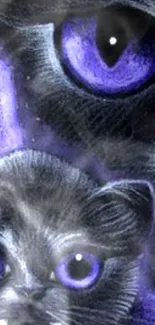 Illustration of a black cat with purple eyes and fangs, mystical art.