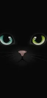 Mystical cat eyes with green and blue pupils on a black background.