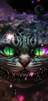 Mystical cat with green eyes in fantasy art wallpaper.