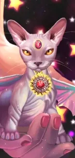 Mystical fantasy cat with stars background.