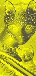 Mystical fantasy cat with ornate mask in yellow tone wallpaper.