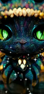 Mystical, detailed fantasy cat with glowing eyes in dark hues.