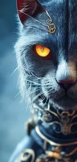 Mystical fantasy cat art with golden eyes on a steel blue background.