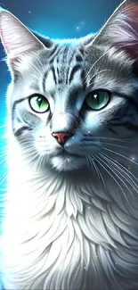 Mystical cat art with neon blue and green eyes.